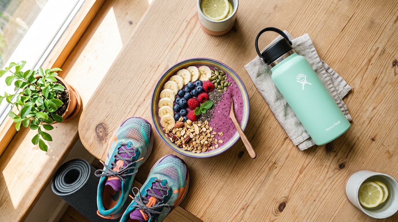 Gesunder Smoothie und Laufschuhe auf einem Holztisch