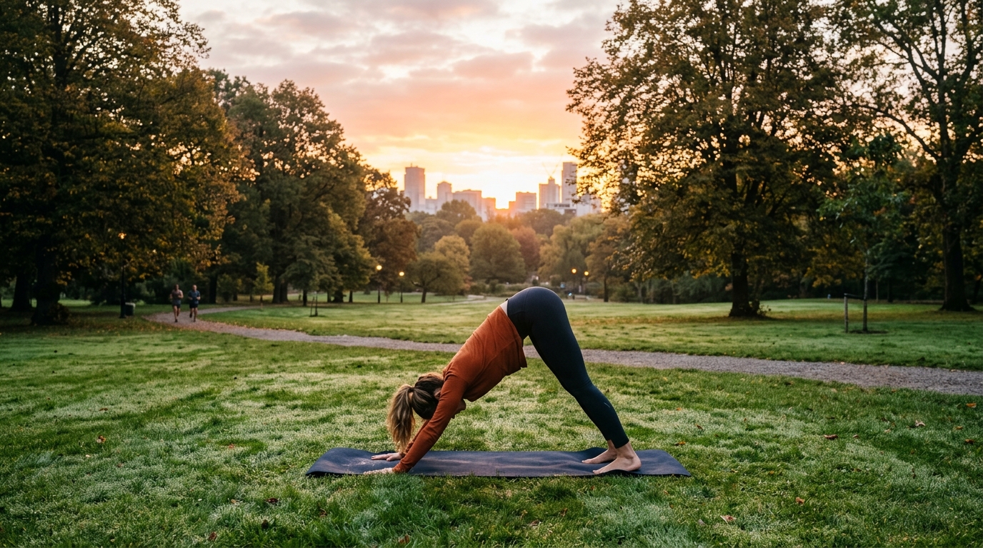 Dehnen im Park bei Sonnenaufgang auf einer Yogamatte